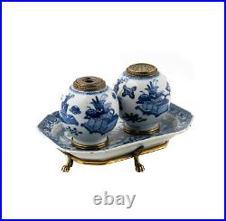 Chinese Porcelain Blue & White Porcelain Ink Well -Stationary Desk Object
