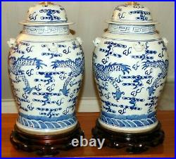 Chinese TEMPLE JAR LAMPS Pair Blue & White Ginger Jar Porcelain Dragons Vases 5N