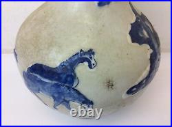 Chinese Vase Vessel Blue White Porcelain Glazed Horse Early 1900's Old Decor