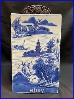 Chinese antique Qing, Late period blue and white landscape porcelain Cong-Vase
