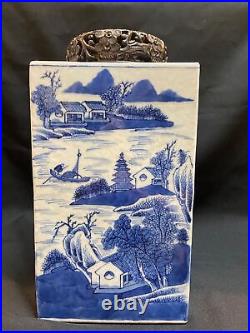 Chinese antique Qing, Late period blue and white landscape porcelain Cong-Vase