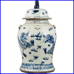 Chinese oriental porcelain blue & white DRAGON MOTIF GINGER JAR FOO DOG FINIAL