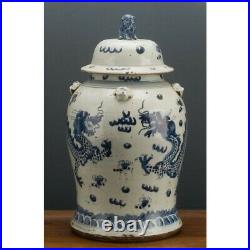Chinese oriental porcelain blue & white DRAGON MOTIF GINGER JAR FOO DOG FINIAL