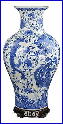 Classic Blue and White Dragon Phoenix Porcelain Vase, Fishtail Ceramic Vase C