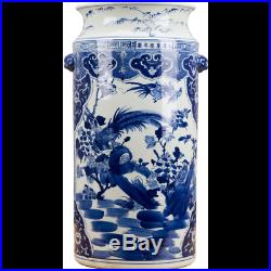 Classic Chinese Blue And White Porcelain Oriental Fluted Umbrella Stand Foo Dog