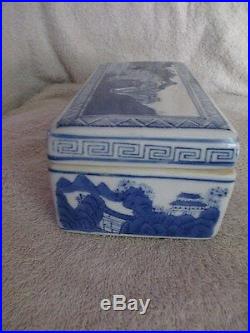 Covered Antique Chinese Porcelain Qianlong Mark Blue White Landscape