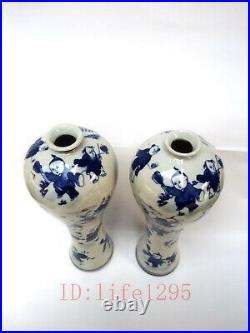 Decorated Collect a Pair China Old blue-and-white Porcelain Boy Vase H 13.1 inch