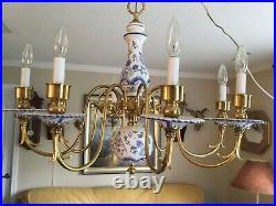 Delft Blue White Porcelain Ornate Brass Chandelier Dutch 8 Arm Lights Barn style