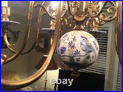 Delft Blue White Porcelain Ornate Brass Chandelier Dutch 8 Arm Lights Barn style
