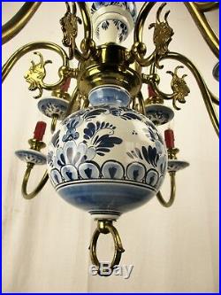 Double Delft Blue White Porcelain Brass Chandelier Dutch 12 Arms Light Romantic