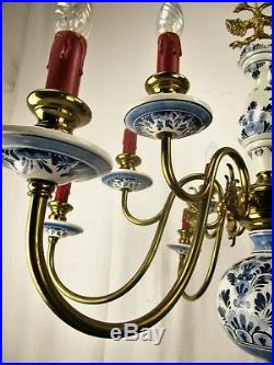 Double Delft Blue White Porcelain Brass Chandelier Dutch 12 Arms Light Romantic