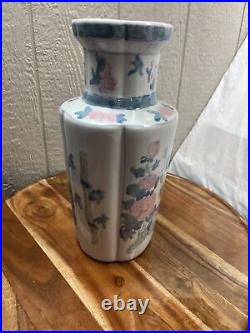 Elegant Blue and White Pink Porcelain Vase with Peacocks