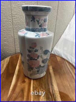 Elegant Blue and White Pink Porcelain Vase with Peacocks