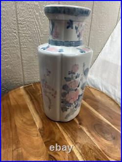 Elegant Blue and White Pink Porcelain Vase with Peacocks