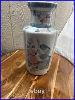 Elegant Blue and White Pink Porcelain Vase with Peacocks