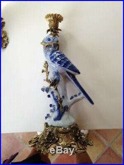 Elegant Candlesticks- Blue & White Porcelain Birds with Ornate Brass/Bronze Base