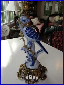 Elegant Candlesticks- Blue & White Porcelain Birds with Ornate Brass/Bronze Base