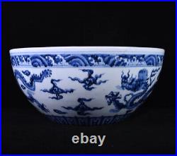 Estate Chinese Freehand Sketching Ming Blue&white Porcelain Dragon Bowl