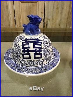 Ex Large Blue & White Eastern Style Ceramic Temple Ginger Jar With Foo Dog Lid
