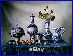 Excellent oil painting Chinese blue and white porcelain vases & lotus 24x36