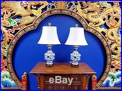 Exquisite Pair Of 30 Tall Chinese Blue & White Porcelain Vase Lamps