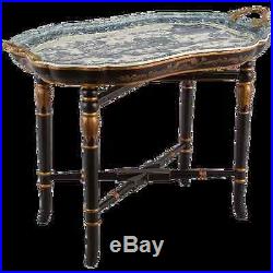 Fabulous Blue & White Porcelain Blue Willow Tray Table On Black Gold Wood Stand