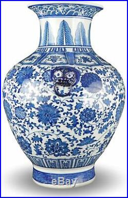 Festcool 18 Classic Blue and White Floral Porcelain Vase, Double Lion Head Ears