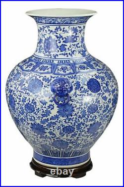 Festcool 21 Large Classic Blue and White Floral Porcelain Vase, Double Lion