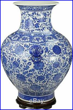 Festcool 21 Large Classic Blue and White Floral Porcelain Vase, Double Lion Hea