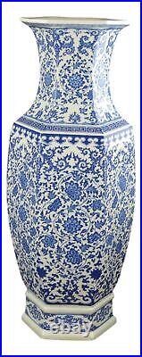 Festcool 24 Classic Blue and White Hexagonal Lotus Porcelain Vase, Ceramic V