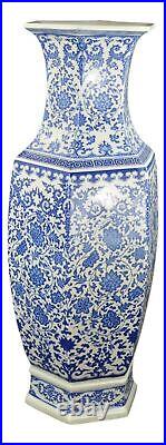 Festcool 24 Classic Blue and White Hexagonal Lotus Porcelain Vase, Ceramic V
