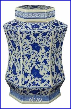 Festcool Classic Blue and White Porcelain Floral Hexagonal Jar Vase, China Qi
