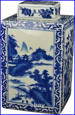 Festcool Classic Blue and White Porcelain Square Jar Vase, Flower and Landscape