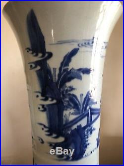 Fine Huge Antique Chinese Blue White Porcelain Gu Trumpet Vase Art Figures Wow