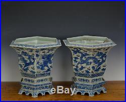 Fine Pair of Large Chinese Blue White Dragon 6 Side Porcelain Flower Pot