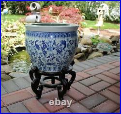 Floor Vase Floral Blue And White Porcelain Fish Bowl Planter Pot with Stand