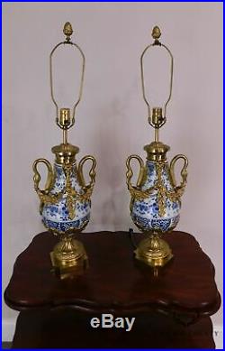 French Bronze Mounted Pair of Blue & White Porcelain Casslette Lamps with Swans