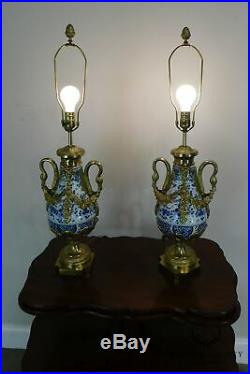 French Bronze Mounted Pair of Blue & White Porcelain Casslette Lamps with Swans