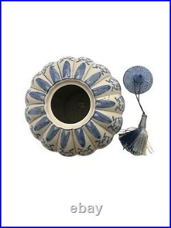 Ginger Jar Blue and White Porcelain With Large Tassel Vintage Oriental Decor
