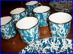 Golden Rabbit Lot 19 Pc Blue White Swirl Splatter Metal Bowls Cups Enamel Ware