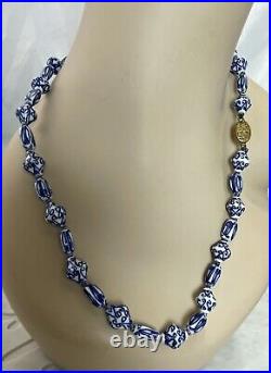 Hand Painted Old Chinese Porcelain Blue White Beads 23 Necklace Sterling Clasp