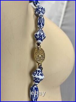 Hand Painted Old Chinese Porcelain Blue White Beads 23 Necklace Sterling Clasp