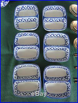 Handpainted Thai Blue White Noodles/curry Bowls+sauce Dish+ Solid Bronze Cutlery