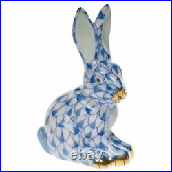 Herend Mini Bunny Rabbit Sitting Porcelain Figurine Blue Fishnet