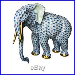 Herend Porcelain Elephant Walking 24k Gold Tusks Blue Fishnet