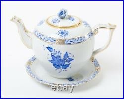 Herend Porcelain Hungary Chinese Bouquet Blue Gold Teapot Rose Finial & Saucer