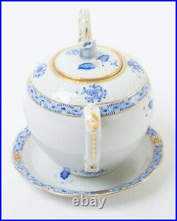 Herend Porcelain Hungary Chinese Bouquet Blue Gold Teapot Rose Finial & Saucer
