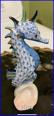Herend Seahorse on Scallop Shell Porcelain Figurine Blue Fishnet
