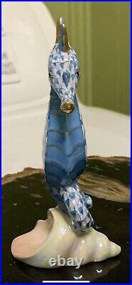 Herend Seahorse on Scallop Shell Porcelain Figurine Blue Fishnet