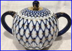 Imperial Russia Cobalt Blue Gold Net Lomonosov Tea Pot and Sugar Bowl +10 Cups